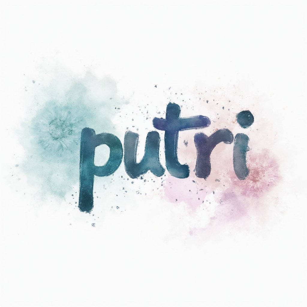 Watercolor style tattoo concept where the name putri is painted in flowing colorful brushstroke letters on a white background.