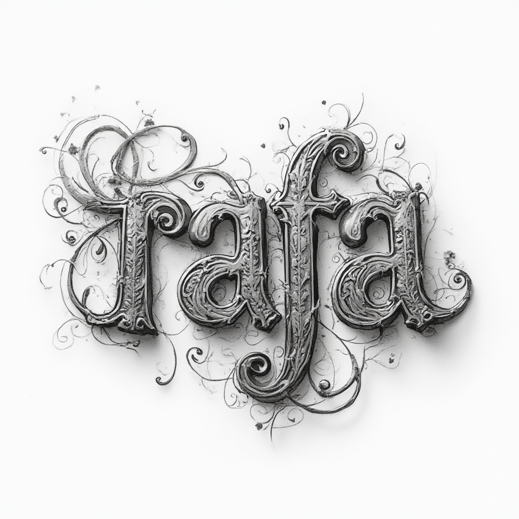 Abstract ornamental tattoo concept where the name rafa is shaped by intricate flowing filigree-style letters on a white background.
