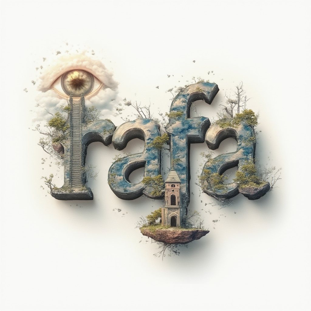 Surreal tattoo concept where the name rafa is formed by dreamlike objects and structures on a white background.