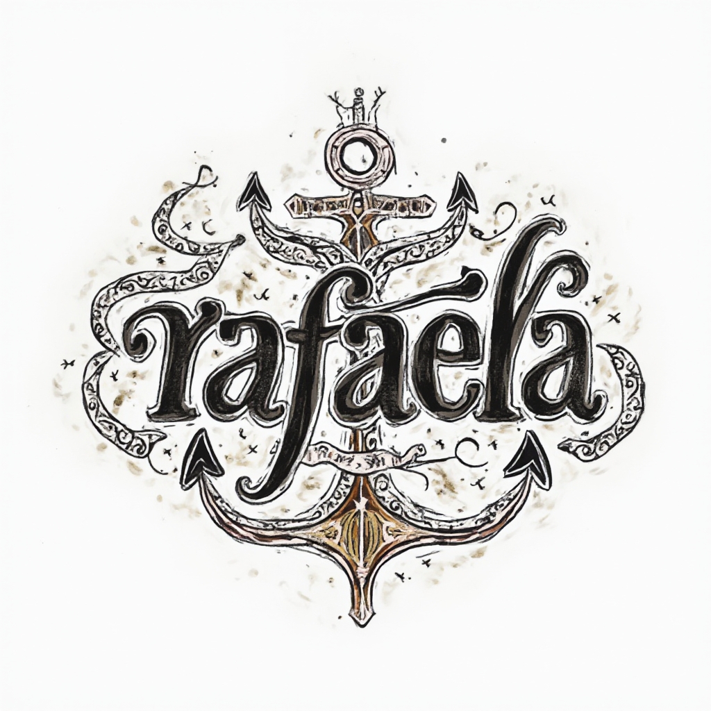 Ornamental emblem tattoo concept where the name rafaela is integrated into interlocking decorative shapes on a white background