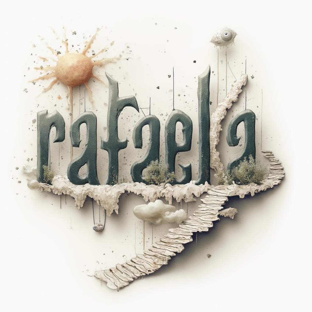 Surreal tattoo concept where the name rafaela is built from dreamlike shapes and impossible forms on a white background