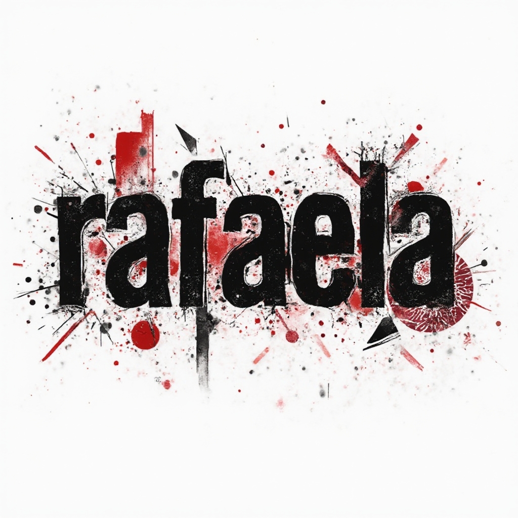 Trash Polka tattoo concept of the name rafaela with bold black strokes and red accents on a white background