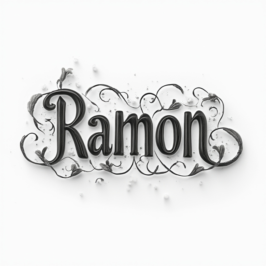 Dimensional ornamental grayscale lettering tattoo concept for the name ramon on a white background.