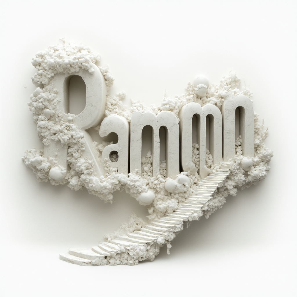 Surreal dreamscape lettering tattoo concept where the name ramon becomes impossible architectural forms on white.