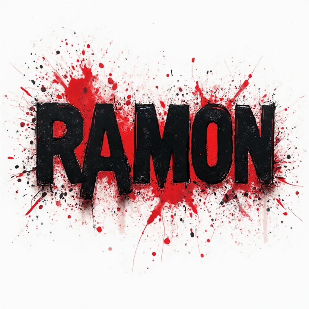 Trash Polka style tattoo concept of the name ramon with bold black and red distressed lettering on white background.