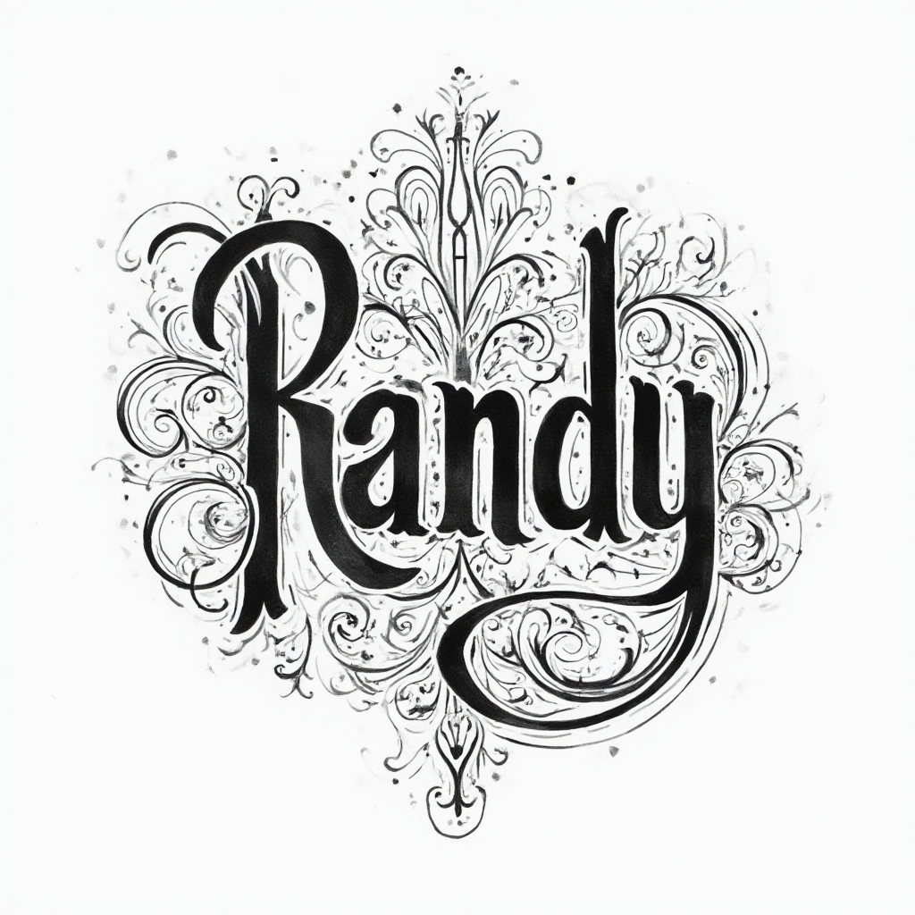 Abstract emblem-style tattoo concept where the name randy is woven into ornamental lines on a white background