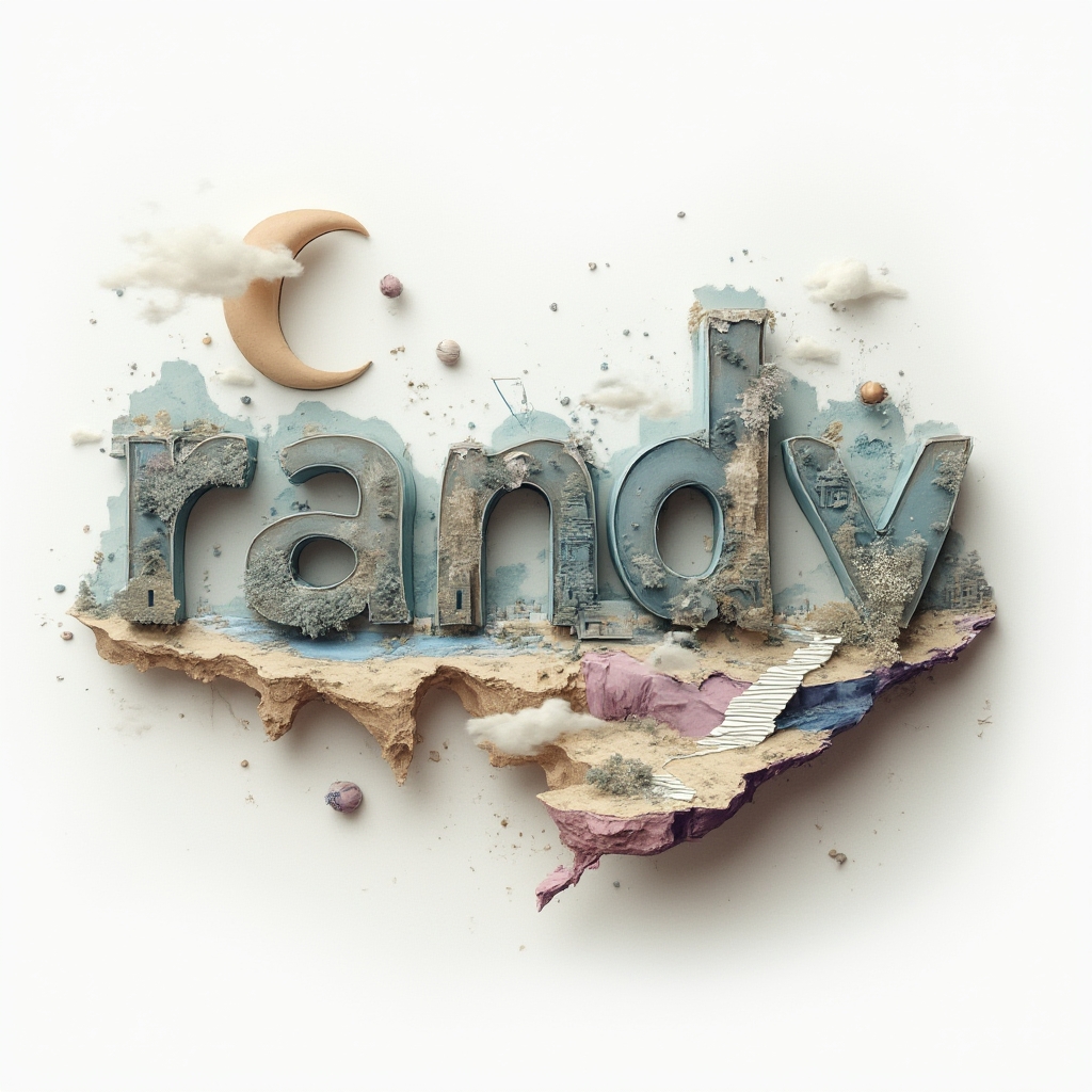 Surreal dreamscape tattoo concept where the name randy is built from impossible structures on a white background