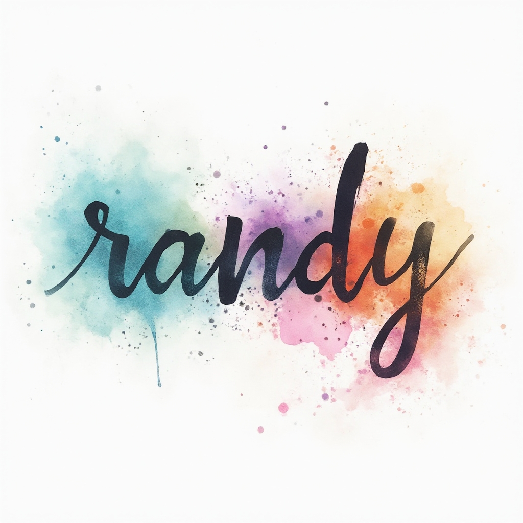 Stylized watercolor tattoo concept of the name randy in abstract ink splashes on a white background