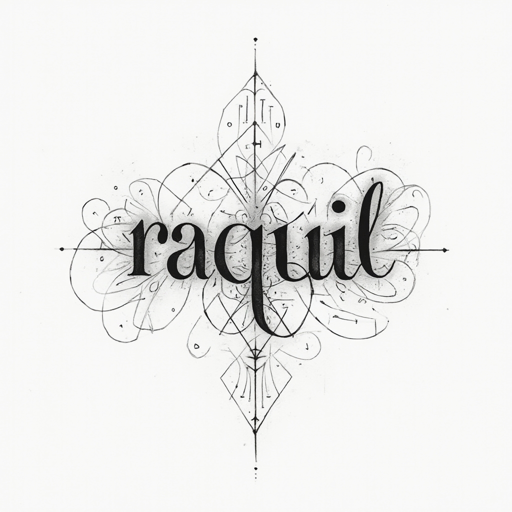 Ethereal geometric linework tattoo where raquel is hidden within ornamental shapes on a white background