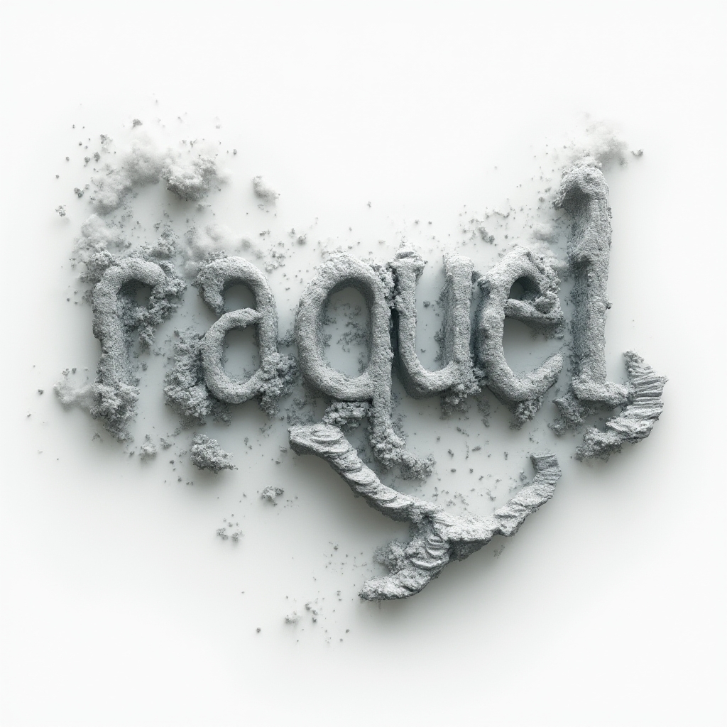 Surreal dreamscape tattoo concept where raquel is built from floating stone letters and impossible forms on white