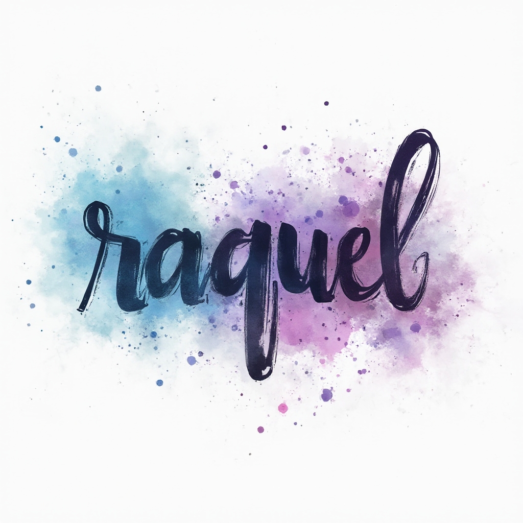 Watercolor splash tattoo concept with the name raquel forming fluid brushstroke letters on a white background