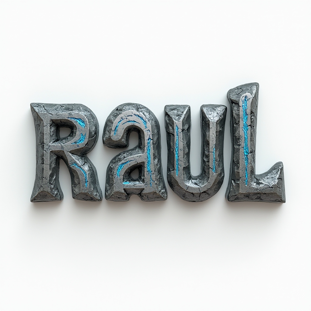 Dimensional emblem-style tattoo concept where the name raul appears as interlocking 3D glyph-like letters with metallic and stone textures on a white background.