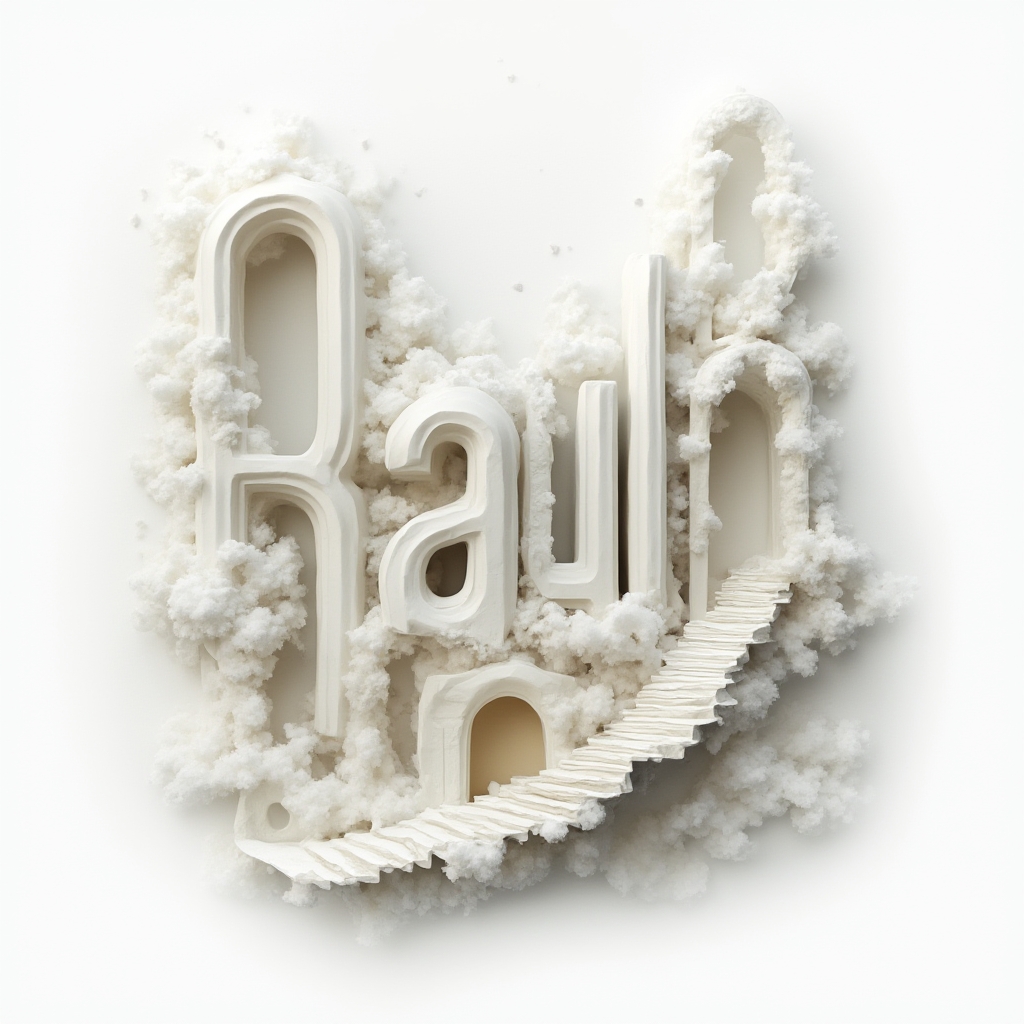 Surreal tattoo concept where the letters of raul transform into dreamlike architectural and cosmic shapes on a white background.