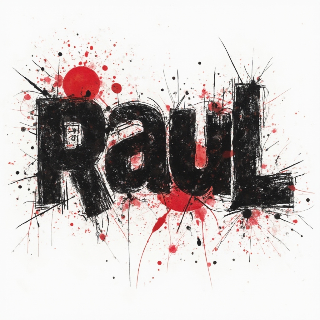Trash Polka style tattoo concept where the name raul appears as fractured black and red letterforms with splashes and graphic shapes on a white background.