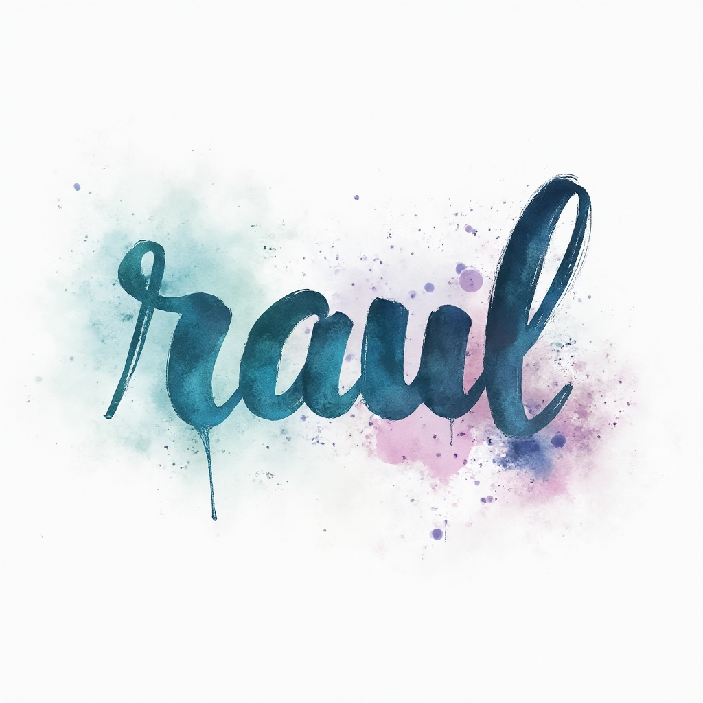 Watercolor-style tattoo concept where the name raul is painted in flowing ink-like letters with colorful splashes on a white background.