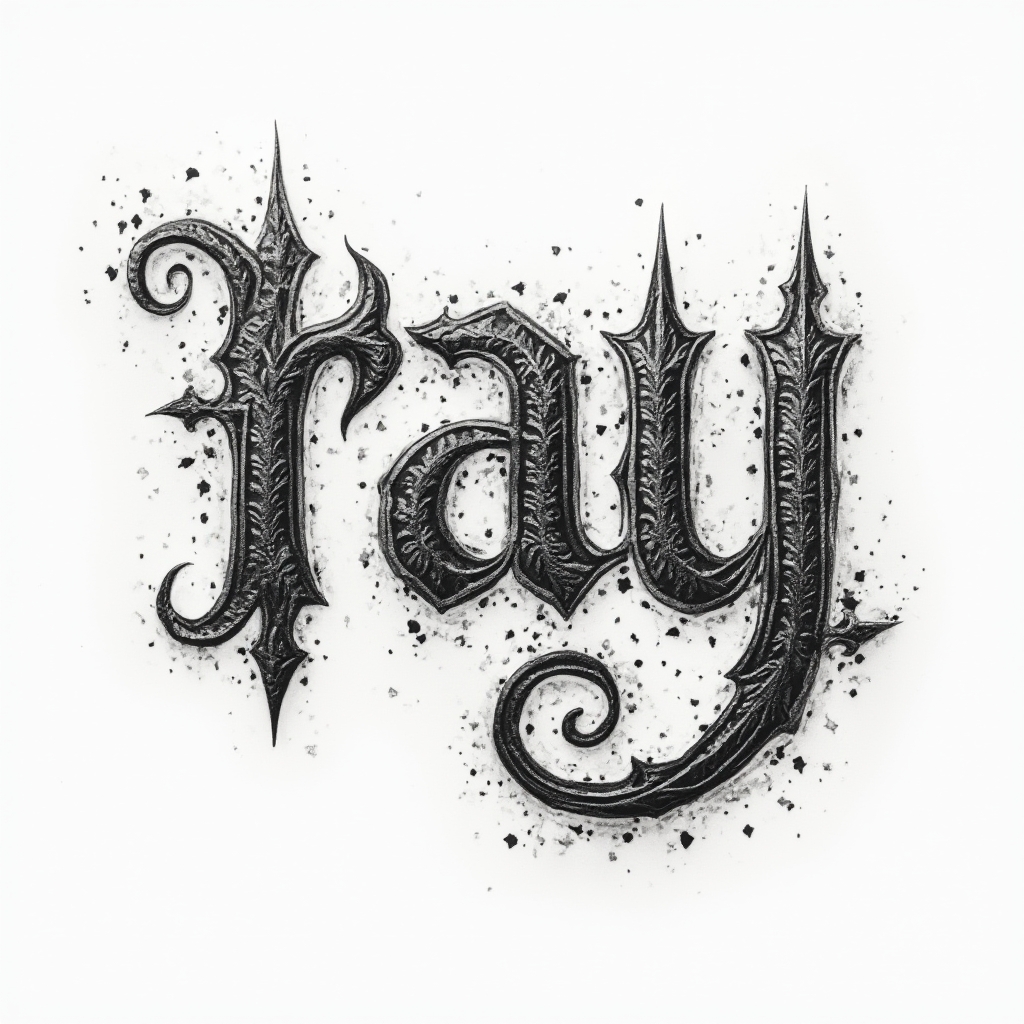 ornamental tattoo emblem forming the name ray with intricate patterns on a white background