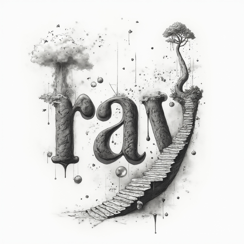 surreal tattoo concept turning the name ray into an impossible dreamlike landscape on a white background