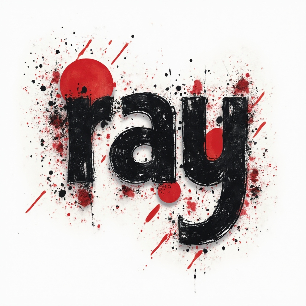 Trash Polka tattoo design of the name ray using distressed black and red graphic textures on a white background