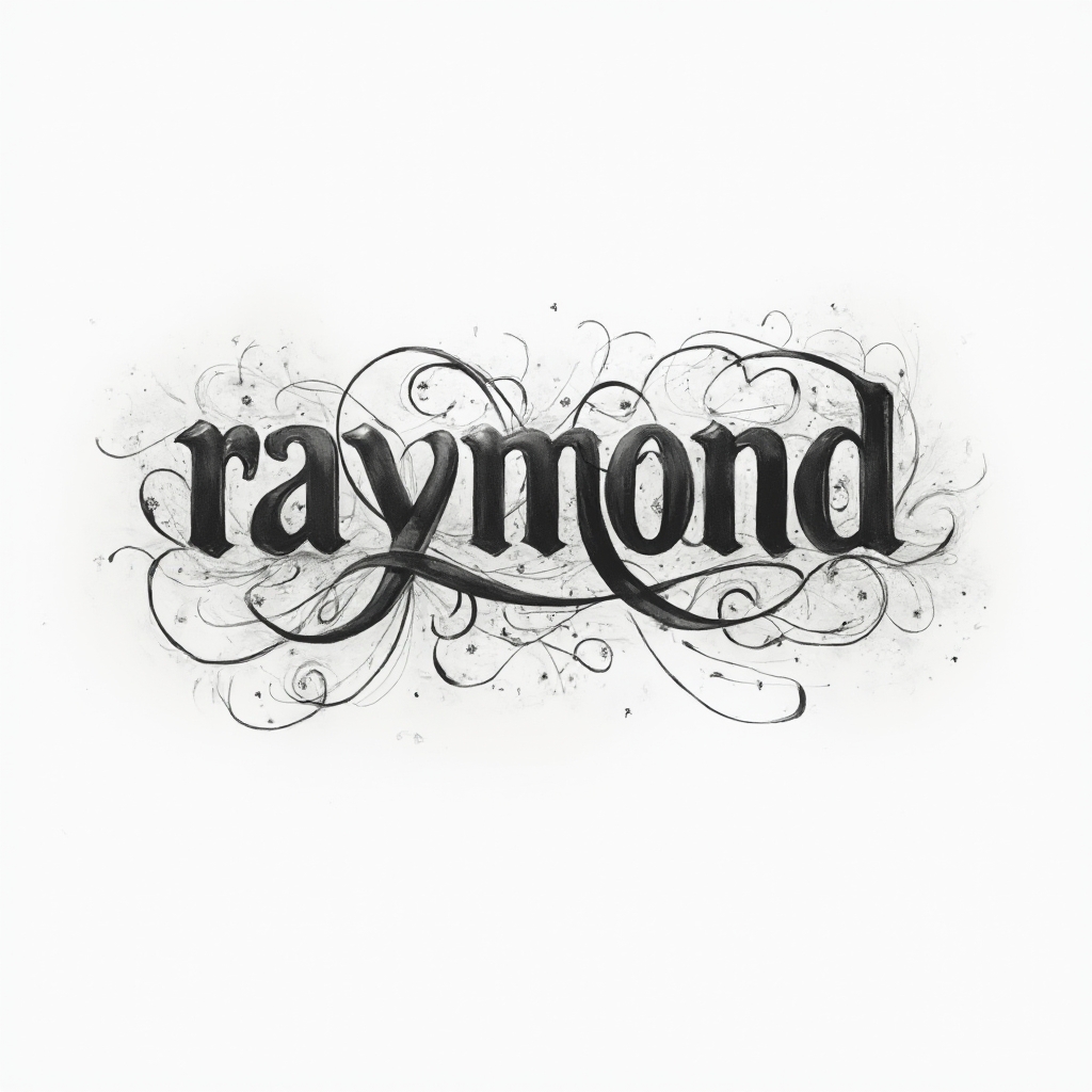 Dimensional ornamental tattoo-style design of the name raymond on a white background