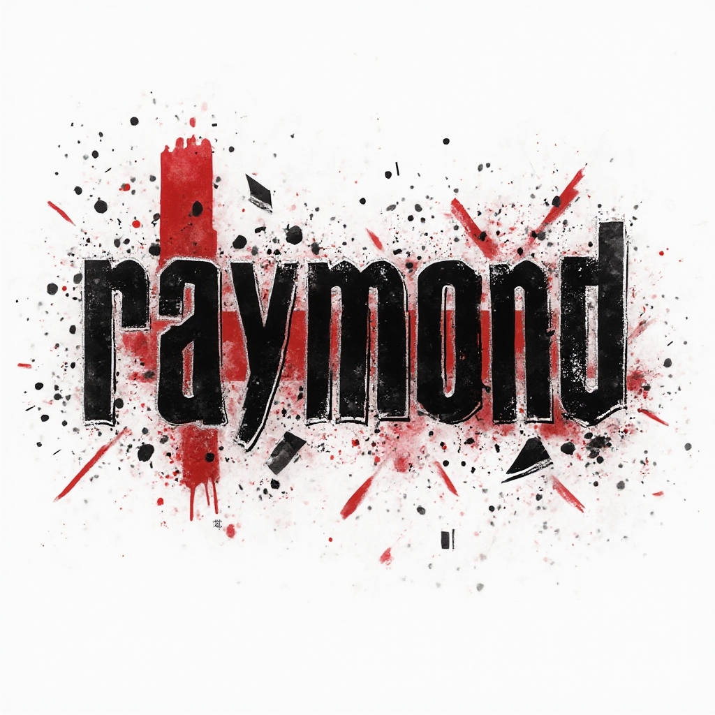 Trash Polka tattoo-style design of the name raymond with bold black and red contrasts on a white background