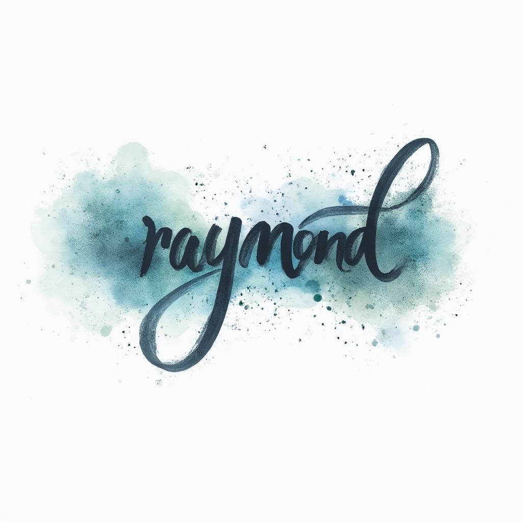 Watercolor tattoo-style design of the name raymond with colorful paint splashes on a white background