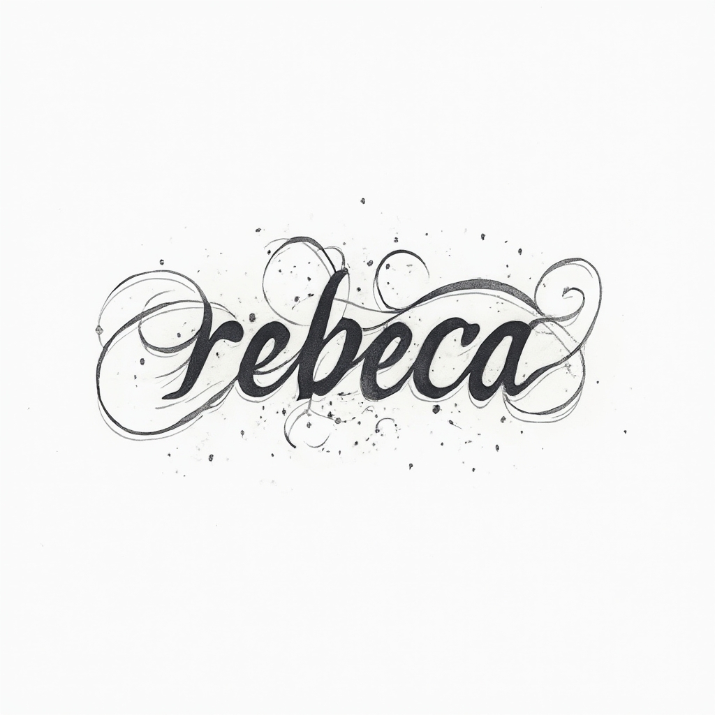 Minimal, abstract line-based tattoo design of the name rebeca on a white background