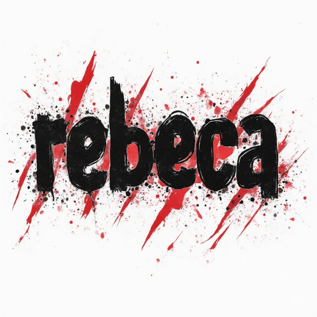 Trash Polka tattoo design of the name rebeca with bold black and red abstract elements on a white background