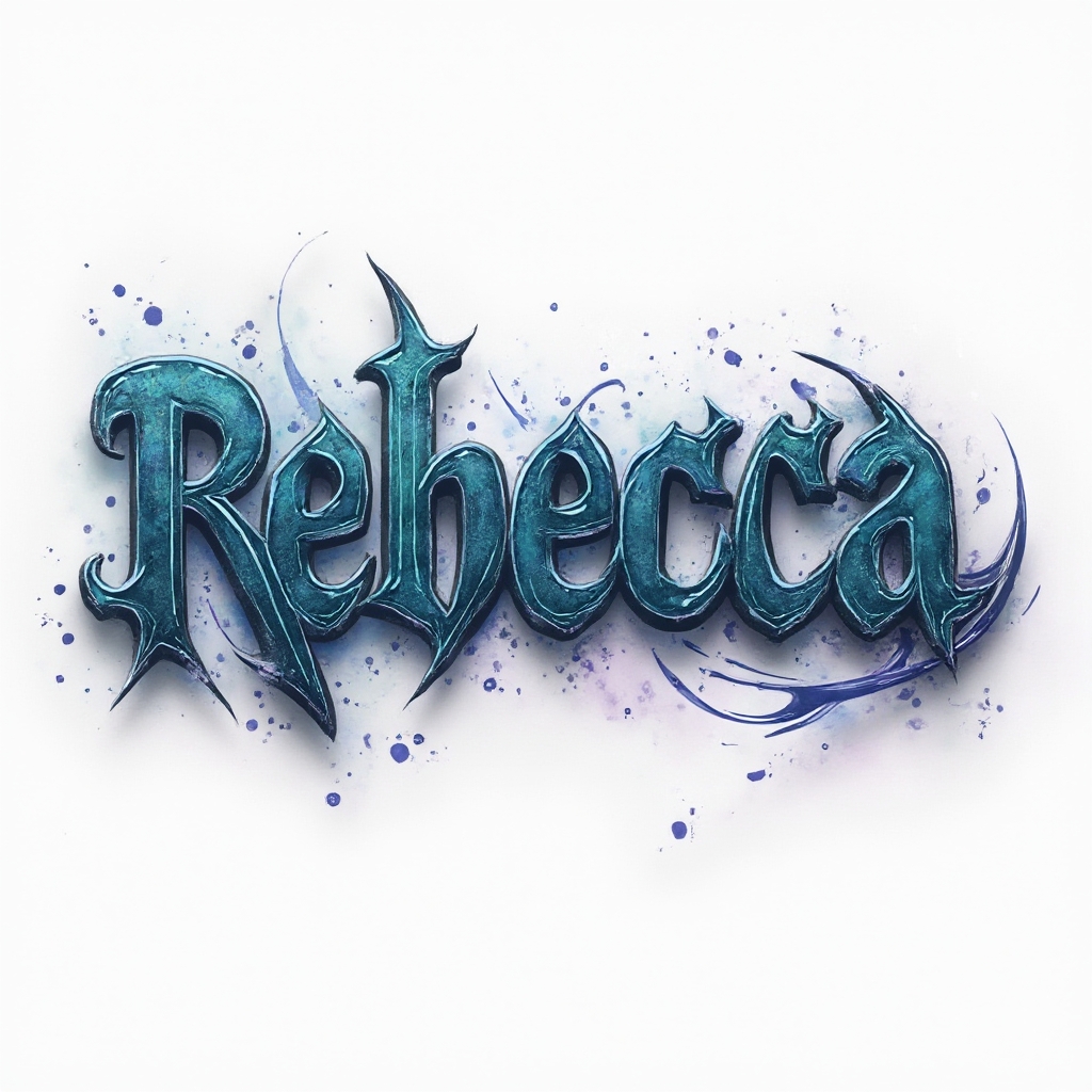 three-dimensional stylized tattoo lettering of the name rebecca with rich chromatic shading on white