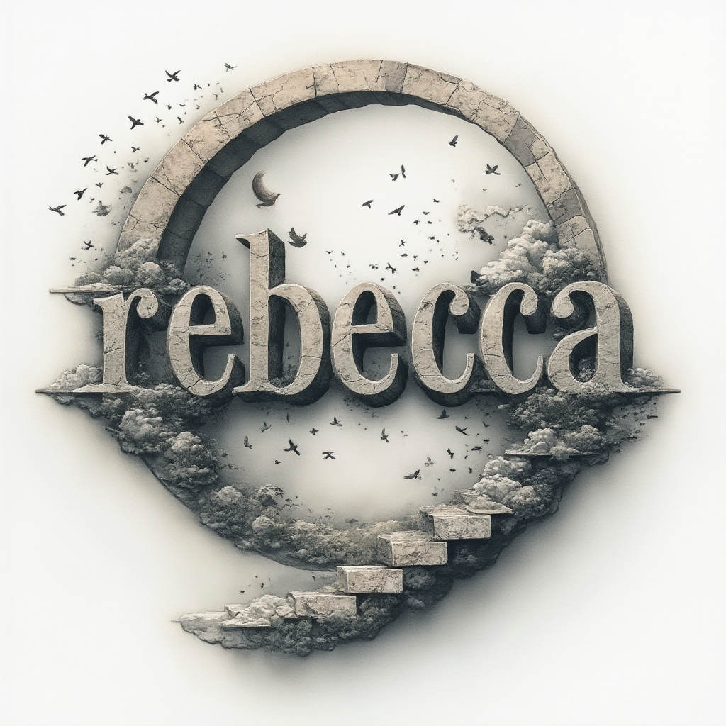 surreal tattoo concept where the name rebecca becomes an impossible stone portal on a white background