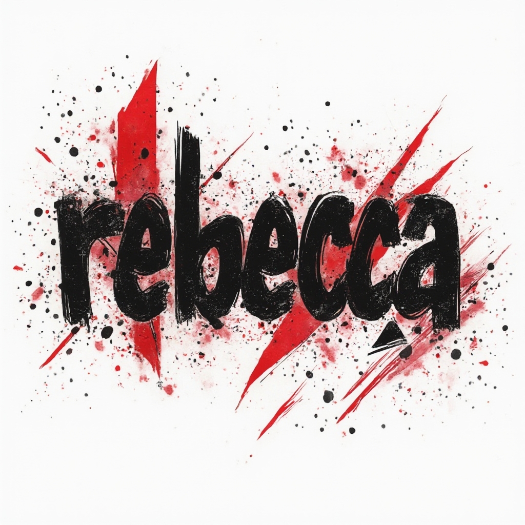 trash polka tattoo concept of the name rebecca with bold black and red abstract elements on white