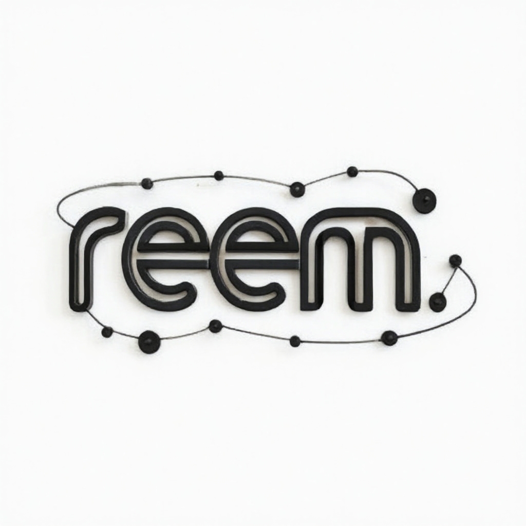 Graphic geometric tattoo concept where the name reem is built from bold interlocking black shapes on a white background.