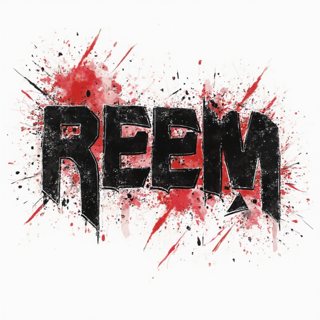 Trash Polka tattoo concept with the name reem in bold black and red fragmented lettering on a white background.