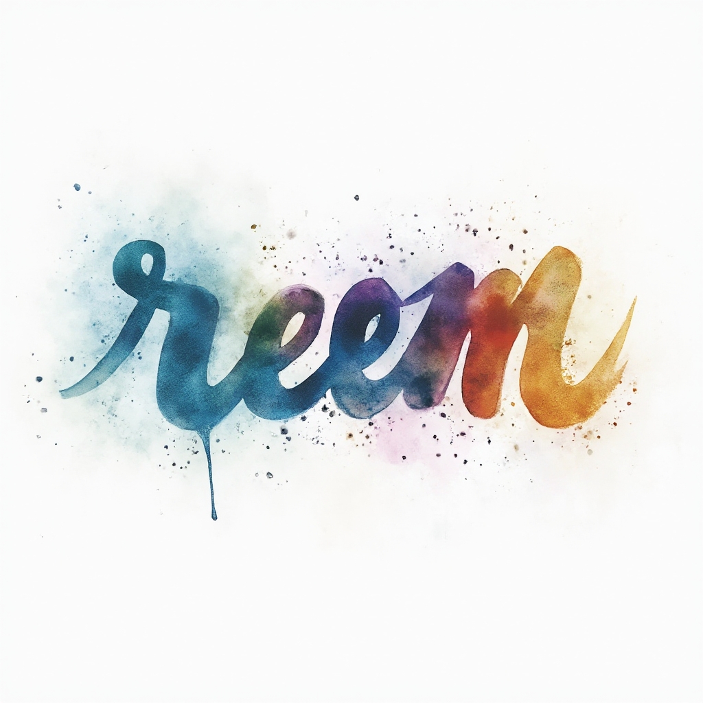 Watercolor tattoo concept where the name reem is formed with flowing multicolor brushstroke lettering on a white background.