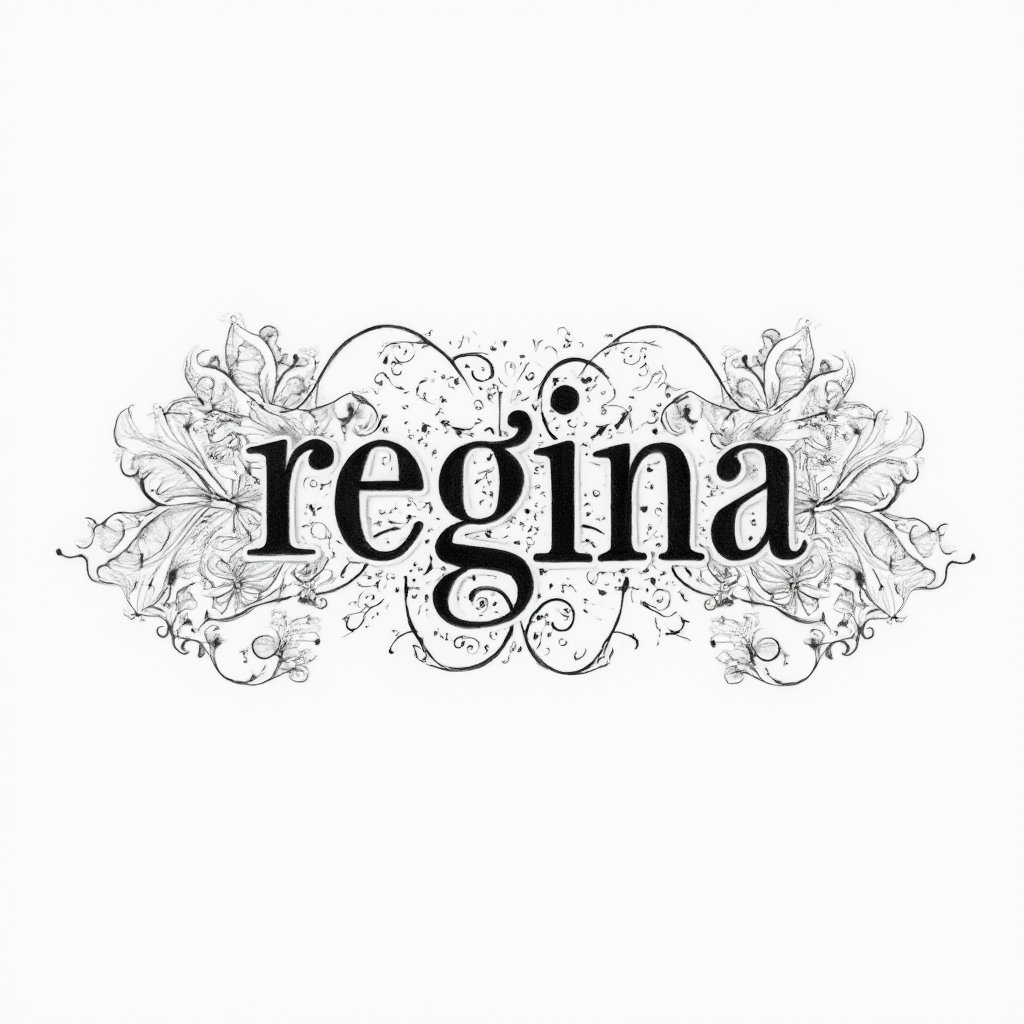 Ornamental fine-line script forming the name regina, surrounded by delicate filigree on a white background.