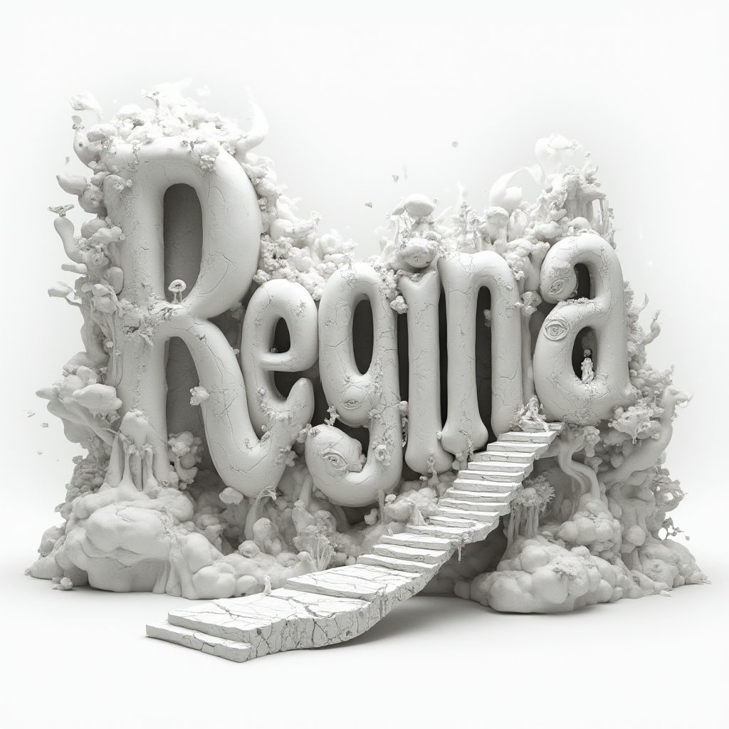 Surrealist black and white composition where the name regina is built from melting, dreamlike architectural letterforms on white.
