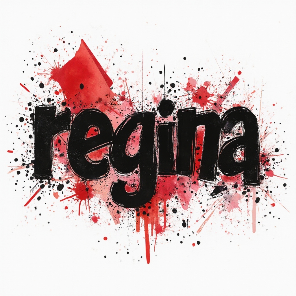 High-contrast black and red trash polka style lettering of the name regina on a white background.