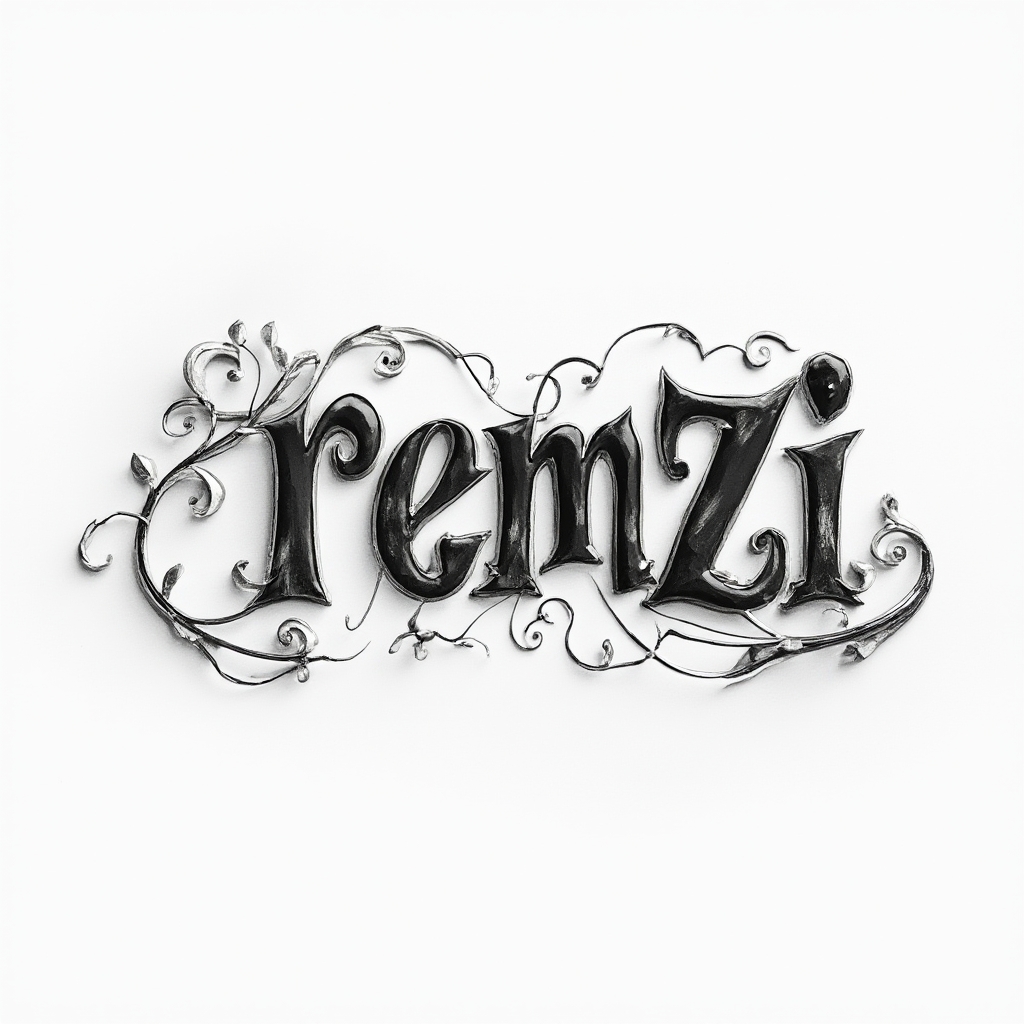 Elegant textured tattoo concept where the name remzi appears as sculpted, ornamental lettering on a white background
