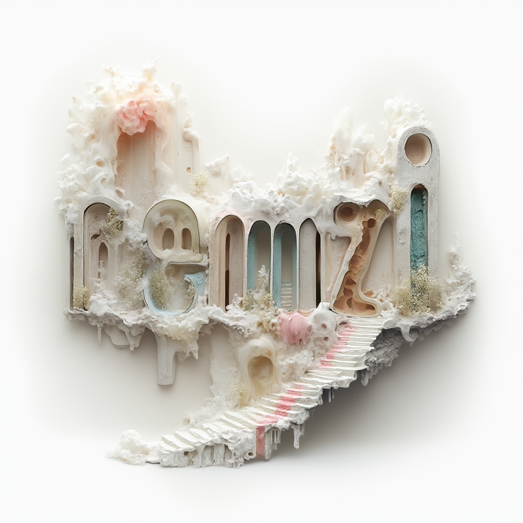 Surrealistic dreamscape tattoo concept where the name remzi is built from abstract impossible structures on a white background