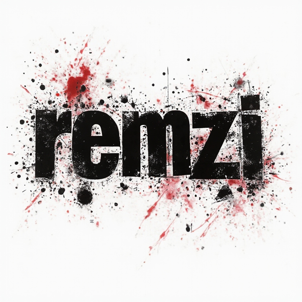Trash Polka style tattoo concept where the name remzi is made of distressed black and red graphic lettering on a white background