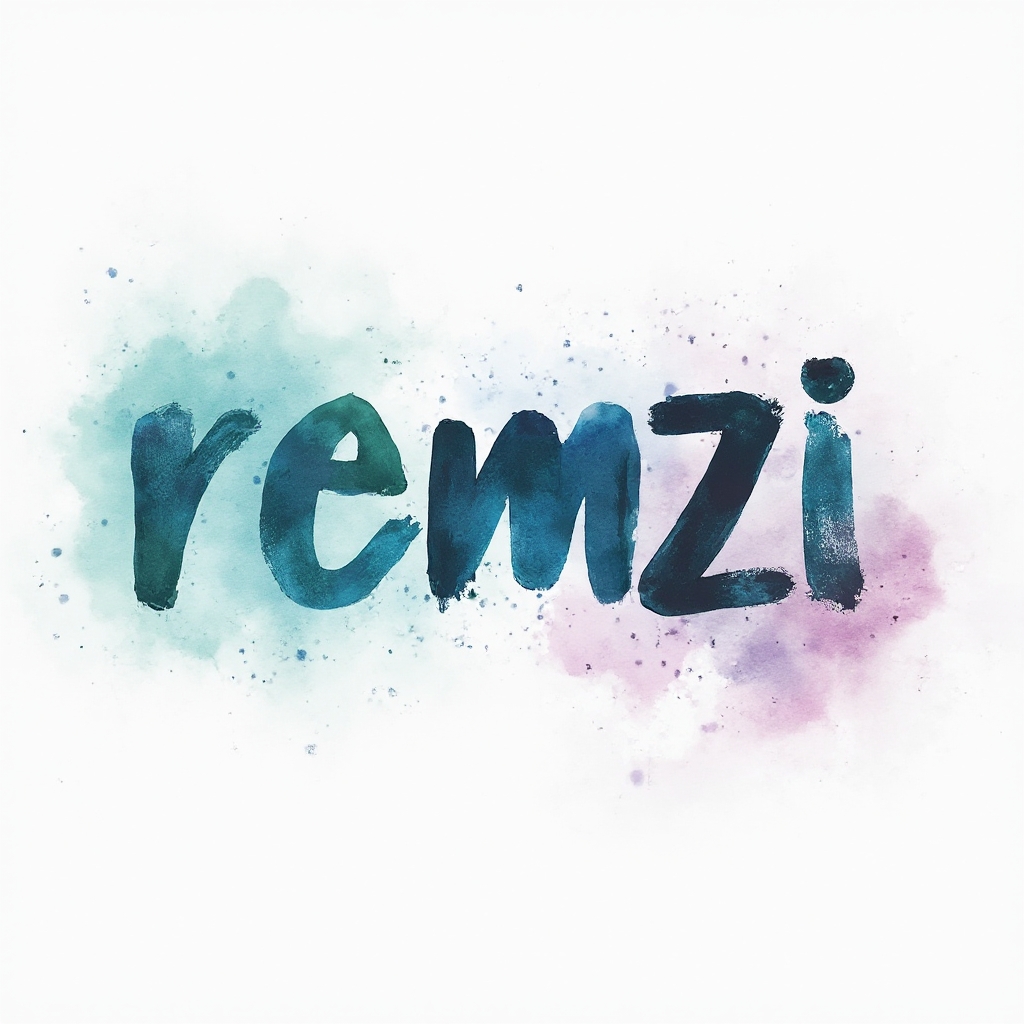 Watercolor splash tattoo concept where the name remzi is formed from colorful fluid brushstroke lettering on a white background