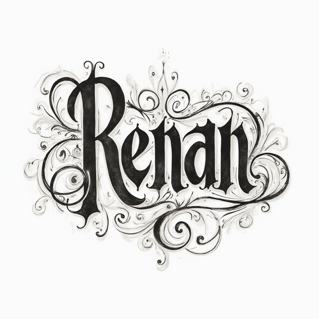 Ornamental abstract tattoo concept where the name renan is formed from interlocking flowing letterforms on a white background.