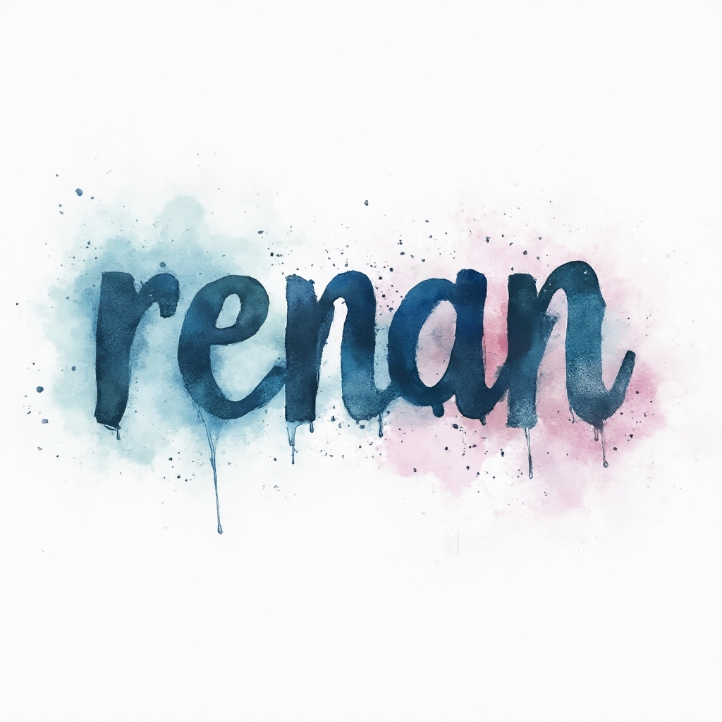 Watercolor splash tattoo concept where the name renan is painted in fluid multicolor calligraphic strokes on a white background.