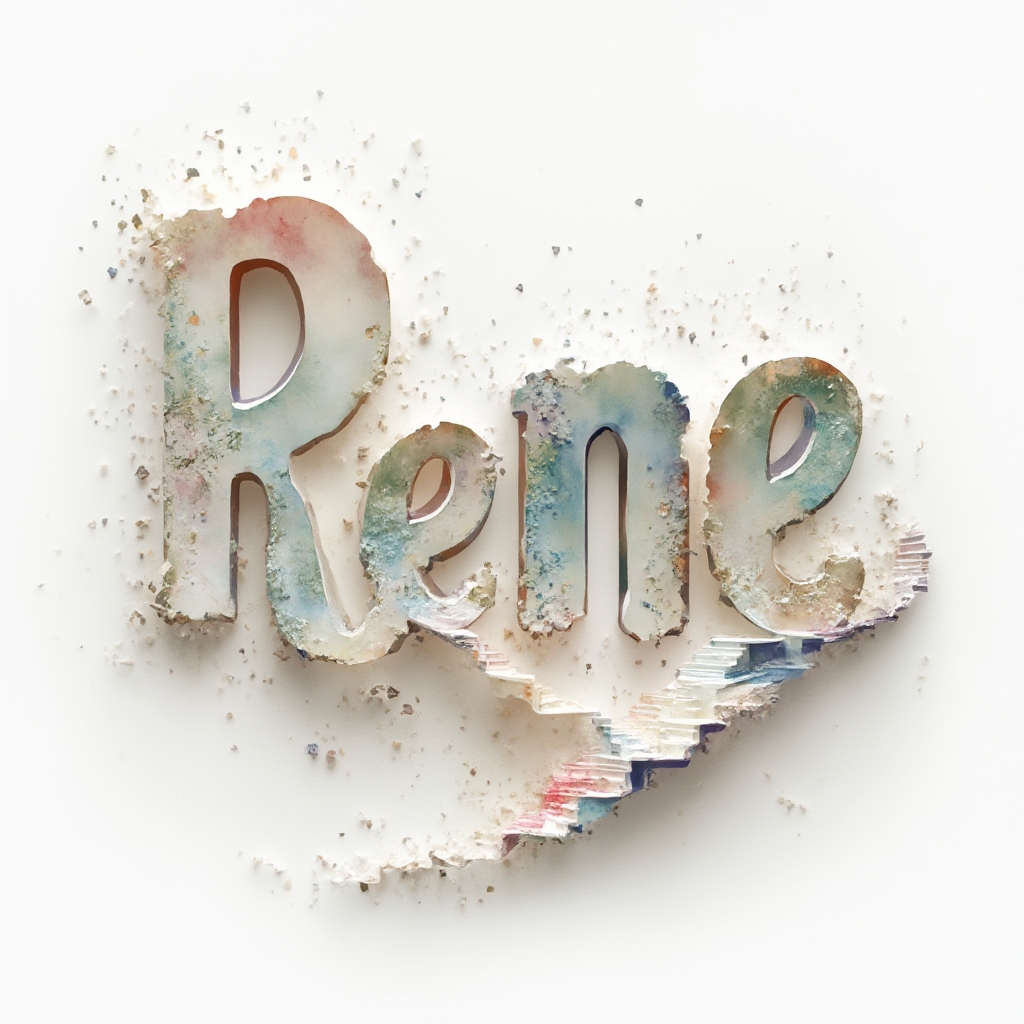 Surreal tattoo concept where the name rene transforms into impossible architectural letterforms on a white background.