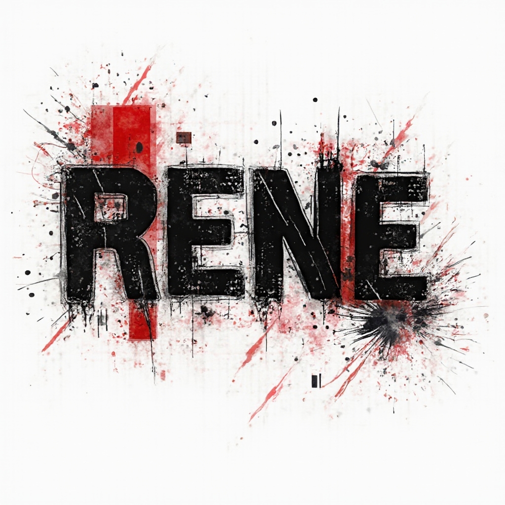 High-contrast trash polka tattoo design where the name rene appears in distressed black lettering with red splashes on a white background.