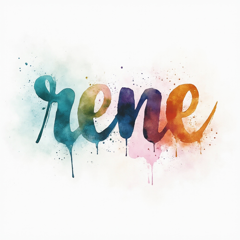 Watercolor splash tattoo concept where the name rene is formed by fluid brushstroke lettering and colorful ink clouds on a white background.