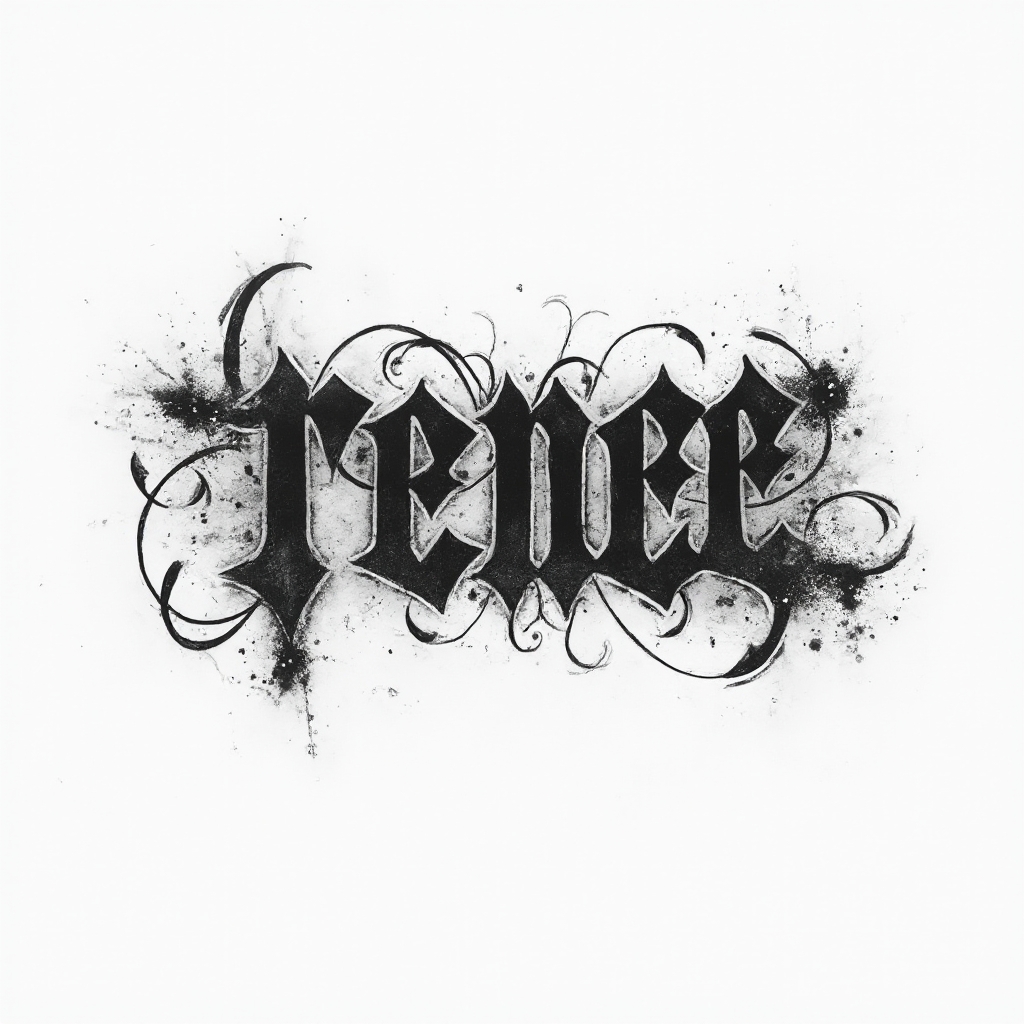 Monochrome emblem-style tattoo concept where the name renee is built from bold interlocking black shapes.