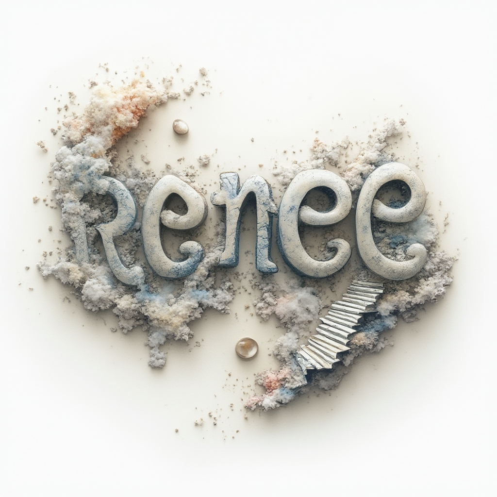 Surrealist dreamscape tattoo concept where the name renee is formed by floating, twisting architectural shapes.