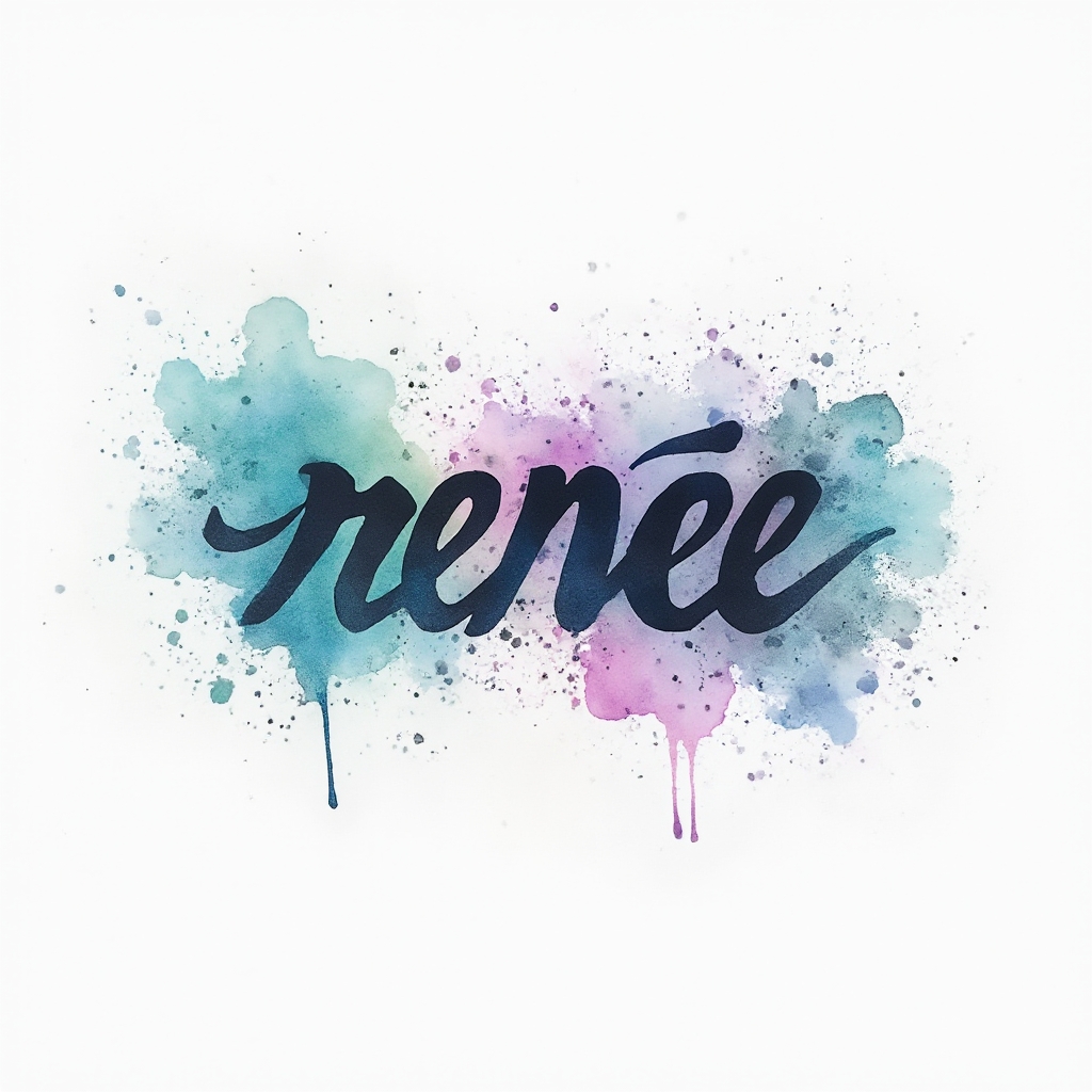 Watercolor splash tattoo concept with the name renee integrated into colorful calligraphic strokes on a white background.