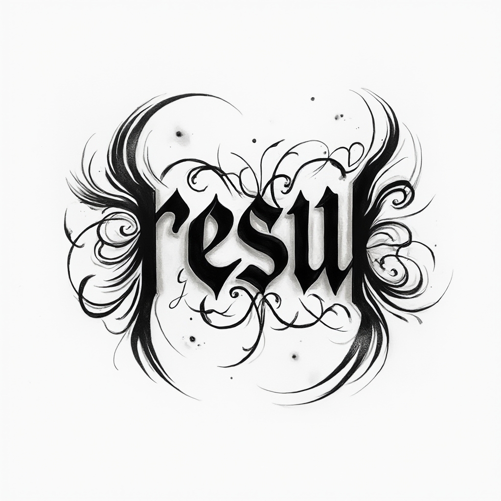 Abstract flowing black tattoo emblem forming the name resul on a white background