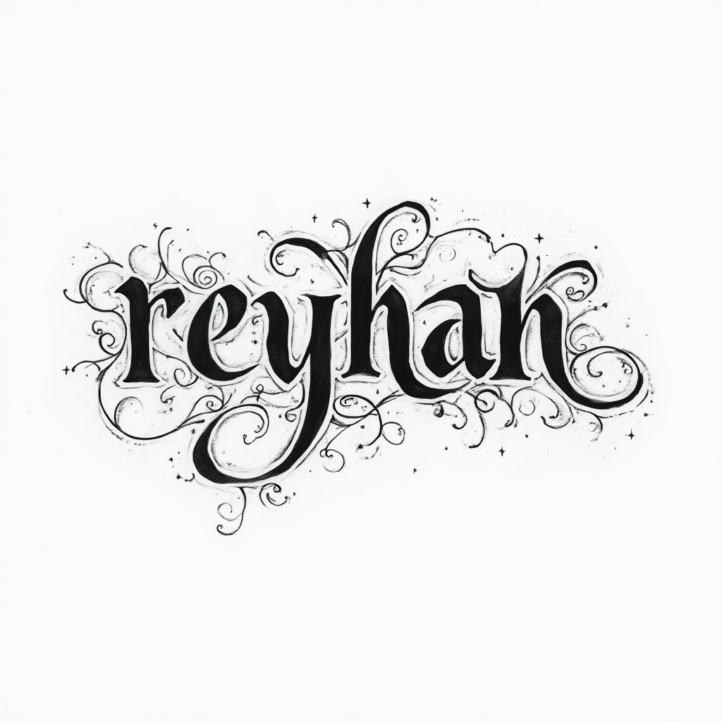 Ornamental black-ink tattoo design of the name reyhan with flowing decorative lettering on a white background